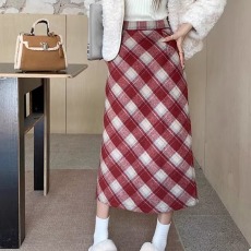 批发红色毛呢格子半身裙春秋短裙女高腰显瘦遮垮辣妹a字裙秋<b class='q'>冬</b>包臀裙