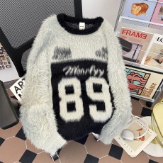 批发美式数字提花拼色V领毛衣女秋冬潮牌宽松慵懒仿水貂毛针织衫