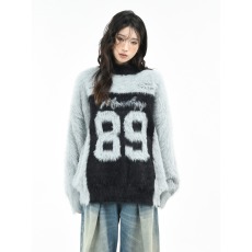 批发美式数字提花拼色V领毛衣女秋冬潮牌宽松慵懒仿水貂毛针织衫