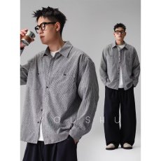 批发日系青年文艺潮款细条纹<b class='q'>衬衫</b><b class='q'>男</b>宽松简约百搭口袋款情侣<b class='q'>长袖</b><b class='q'>衬衣</b>