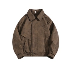 批发扎染皮衣外套男秋冬季美式复古棕色短款机车服上衣<b class='q'>帅气</b>高级感夹克
