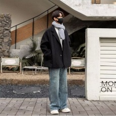 批发黑色痞帅高级感休闲<b class='q'>西装外套</b><b class='q'>男</b>士慵懒风秋季韩版薄款毛呢外套