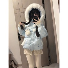 批发日系甜美可爱小个子毛领连帽棉服百搭宽松保暖冬季<b class='q'>棉衣</b>女雪人围巾