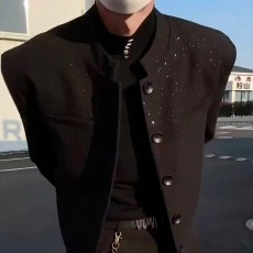 批发新中式黑色廓形西服夹克男春<b class='q'>秋</b>季国潮高级感痞帅小众宽松西装外套