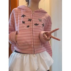 批发粉色条纹兔耳朵连帽卫衣女<b class='q'>秋</b>季宽松短款开衫外套上衣