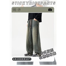 批发美式松紧腰牛仔<b class='q'>裤子</b><b class='q'>男</b>秋季潮流街头复古宽松直筒裤水洗百搭休闲裤