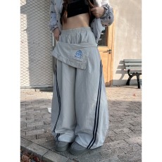 批发白一珂美式复古设计感叠穿条纹阔腿<b class='q'>工装裤</b><b class='q'>女</b>冬季加绒宽松拖地长裤