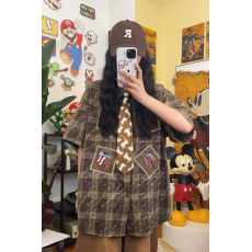 批发美式古着小熊贴布衬衫男女<b class='q'>夏</b>季vintage日系复古宽松卡通衬衣