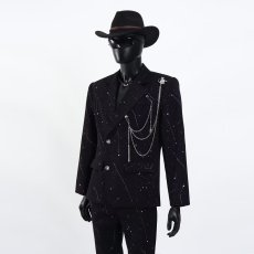 批发黑色满天星西服男高级感宽松痞帅发型师垫肩西装外套男时尚潮春秋