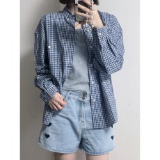 批发宽松长袖蓝色格子衬衫男女2026春<b class='q'>夏</b>miu系穿搭衬衣