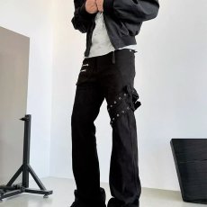 批发黑色绑带微喇工装牛仔裤男cleanfit美式高街<b class='q'>修身</b>喇叭裤子秋季