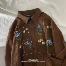 批发夏季日系复古休闲宽松百搭花卉<b class='q'>刺绣</b>华夫格长袖衬衫<b class='q'>上衣</b>男女