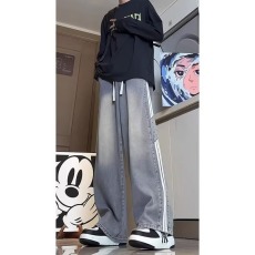 批发三条杠条纹拼接<b class='q'>牛仔裤</b><b class='q'>男生</b>秋季宽松直筒潮牌高街休闲长裤