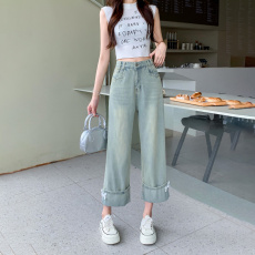 批发小个子阔腿牛仔裤女2024<b class='q'>夏</b>季薄款高腰2024款浅色八九分宽松直筒裤