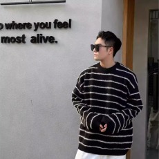 批发美式潮流条纹长袖情侣<b class='q'>街头</b>套头衫国潮打底衫百搭仿貂绒毛衣