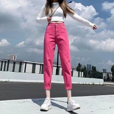 批发小众设计感牛仔<b class='q'>裤</b>女玫红色<b class='q'>裤</b>子大码胖mm辣妹宽松显瘦高腰九分<b class='q'>裤</b>潮