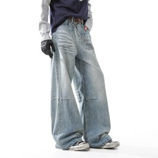 批发美式高街磨白猫须阔腿牛仔裤男女潮牌宽松<b class='q'>修身</b>垂褶直筒拖地长裤子