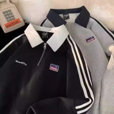 批发复古翻领<b class='q'>卫衣</b>男秋美式<b class='q'>潮牌</b>三条杠POLO衫小众半拉链休闲外套