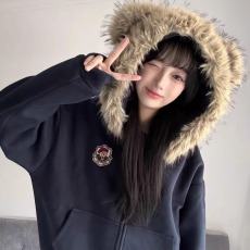 批发小熊耳朵毛领开衫<b class='q'>卫衣</b>女<b class='q'>男</b>春秋新款宽松慵懒感学院风连帽拉链外套