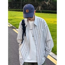 批发日系复古通勤学院风小清新条纹长袖衬衫<b class='q'>男</b>春季衬衣薄款休闲外套潮