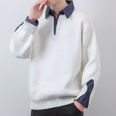 批发秋冬休闲高级拼色翻领上衣修身针织衫时尚白色商务<b class='q'>男士</b>polo衫长袖