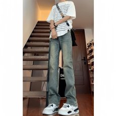 批发蓝色美式直筒微喇牛仔裤男cleanfit<b class='q'>修身</b>显瘦高街喇叭vibe裤子长裤