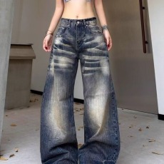 批发美式大码复古水洗做旧牛仔裤子女街头辣妹宽松慵懒松弛感拖地<b class='q'>长裤</b>