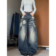 批发大码美式复古水洗做旧弯刀牛仔裤子女辣妹宽松慵懒松弛感拖地<b class='q'>长裤</b>