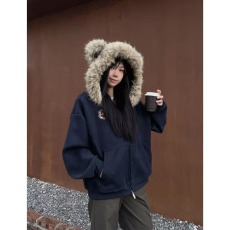 批发小熊耳朵毛领连帽<b class='q'>卫衣</b>外套女<b class='q'>男</b>春秋宽松休闲学院风拉链开衫情侣款