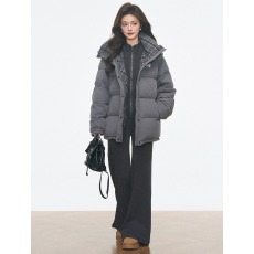 批发韩系百搭通勤格纹拼接灰色保暖连帽棉服女冬季宽松防寒面包服外套