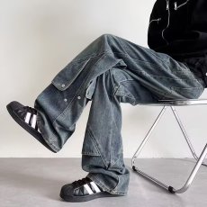 批发美式复古蓝色排扣牛仔裤阔腿宽松潮男高级感裤子直筒<b class='q'>修身</b>微喇叭裤