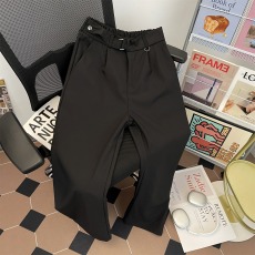 黑色捏褶毛呢休闲西裤男春秋裤子免腰带设计感宽松直筒西装裤