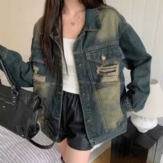 批发美式复古做旧破洞牛仔外套女春秋新款大码宽松中长款炸街夹克上衣