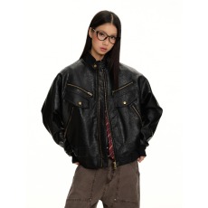 批发2026复古通勤肌理纹高级感皮衣夹克女多口袋廓形机车服休闲外套