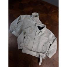 批发绑带立领外套男款秋冬季加厚美式复古保暖毛呢夹克高级感短款大衣