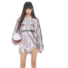 批发韩国小众银色字母美式复古宽松撞色球服球衣风t恤<b class='q'>夏</b>季