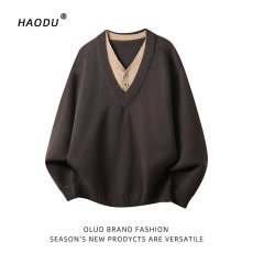 批发假两件v领毛衣<b class='q'>男</b>秋冬季套头针织衫潮流修身薄款外套2025年新款