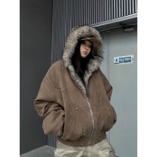 批发美式复古连帽毛领座山雕外套保暖夹棉十字架棉服潮