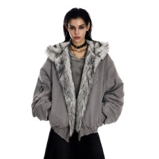 批发麂皮座山雕棉衣外套女复古潮牌毛绒连帽工装夹克棉服冬