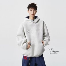 批发美式潮牌立体字母压印米灰连帽<b class='q'>卫衣</b>男<b class='q'>女</b>秋冬宽松美式街头情侣装