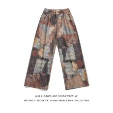 批发秋季新款撞色拼接复古水洗牛仔裤<b class='q'>男</b>士潮牌宽松束脚痞帅九分<b class='q'>哈伦裤</b>