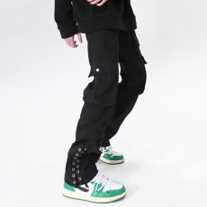 批发美式复古多口袋铆钉设计牛仔裤男高街嘻哈休闲直筒微喇<b class='q'>修身</b>长裤子