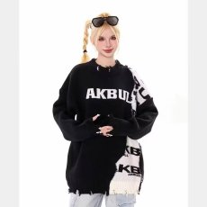 批发美式高街嘻哈拼接毛边套头毛衣潮牌设计感情侣针织衫男女款原宿