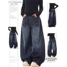 批发刺绣字母美式复古水洗做旧弯刀牛仔裤男女<b class='q'>设计</b>感宽松拖地阔腿裤潮