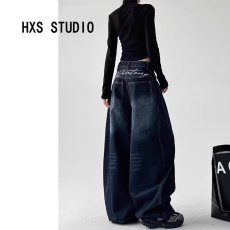 批发刺绣字母美式复古水洗做旧弯刀牛仔裤男女<b class='q'>设计</b>感宽松拖地阔腿裤潮