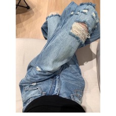 批发美式复古蓝破洞牛仔裤女新款高腰宽松显瘦直筒裤<b class='q'>设计</b>感水洗牛仔裤