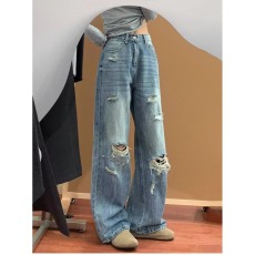 批发美式复古蓝破洞牛仔裤女新款高腰宽松显瘦直筒裤<b class='q'>设计</b>感水洗牛仔裤
