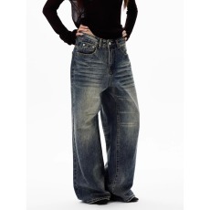 批发美式新款复古水洗做旧<b class='q'>设计</b>感直筒牛仔裤男女高街宽松休闲垂感裤子