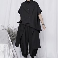 批发夏季慵懒风宽松短袖黑色衬衫女设计感小众不规则<b class='q'>七分袖</b>bf衬衣上衣