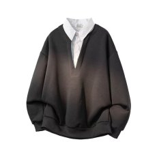 批发复古美式小众设计翻领撞色假两件<b class='q'>长袖</b>个性高质感极简<b class='q'>卫衣</b>